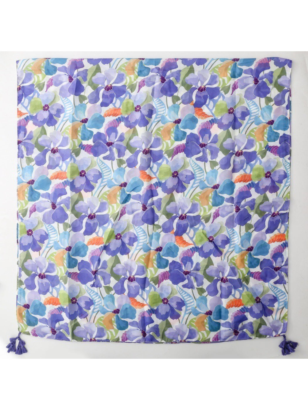 Close-up of lavender and green floral print on Scarvii tassel scarf fabric