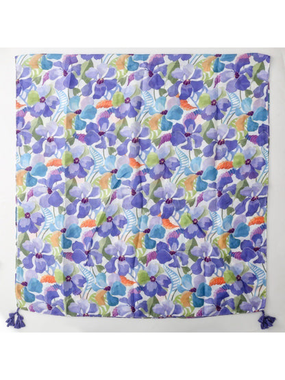 Close-up of lavender and green floral print on Scarvii tassel scarf fabric