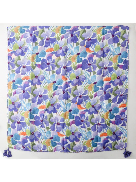 Close-up of lavender and green floral print on Scarvii tassel scarf fabric