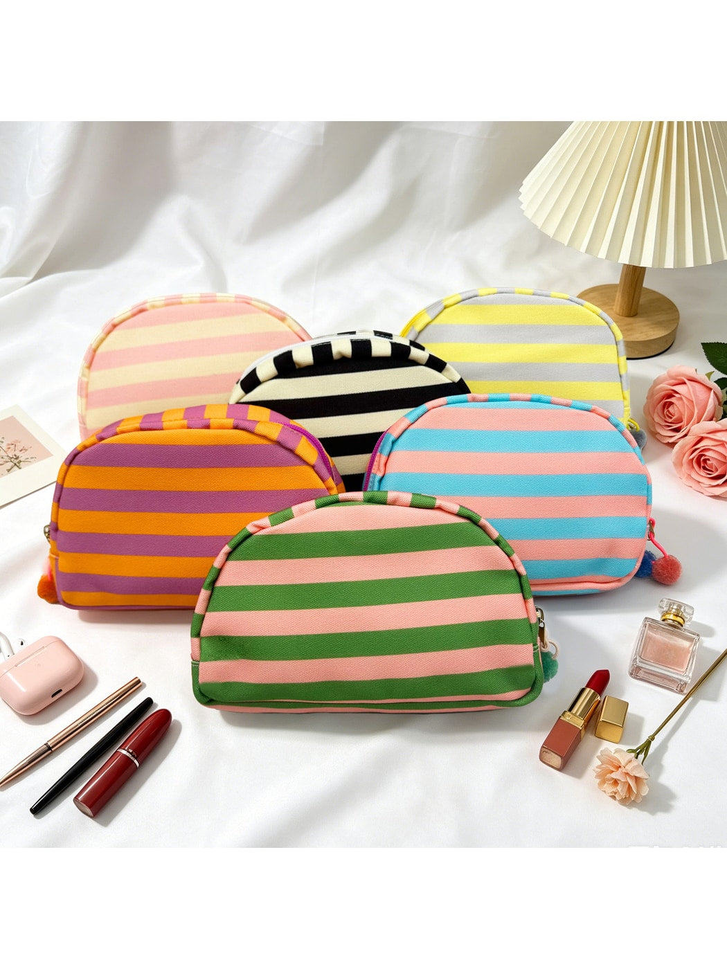 Cosbai - Striped Semicircle Cosmetic Organizer Bag