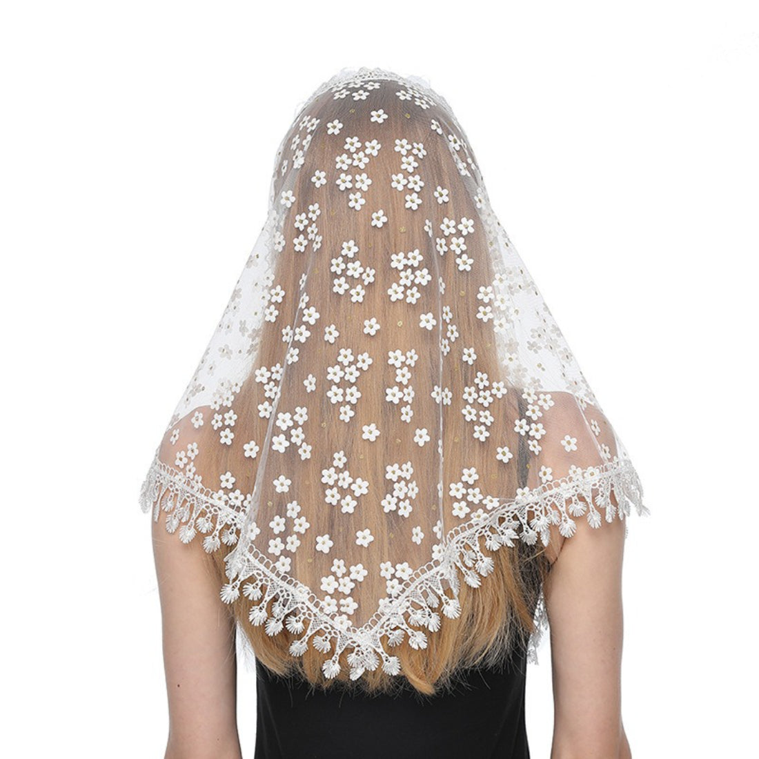 Haila Daisy Lace Triangle Veil Scarf folded on a white surface showing floral lace pattern