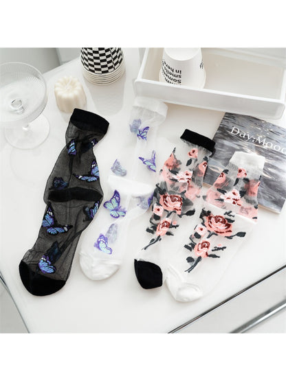 Rufia - Butterfly & Rose Sheer Crew Socks