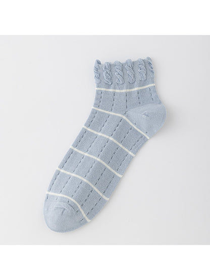Rufia - Ruffle Cuff Striped Pattern Ankle Socks