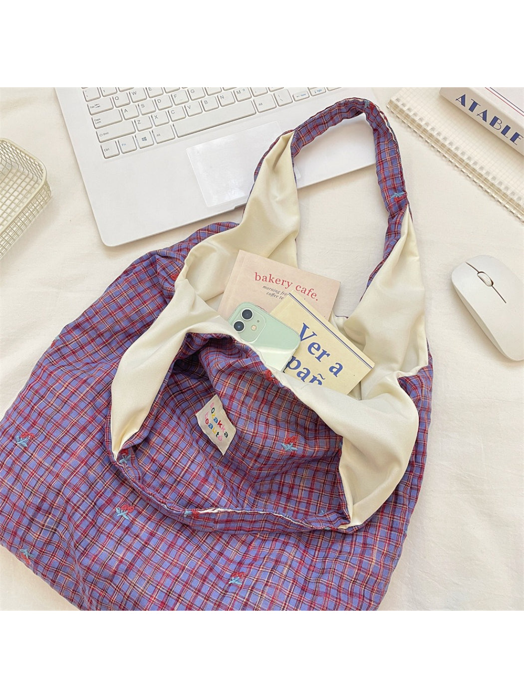 Cosbai Soft Check Everyday Shoulder Tote Bag angled to show front and side details