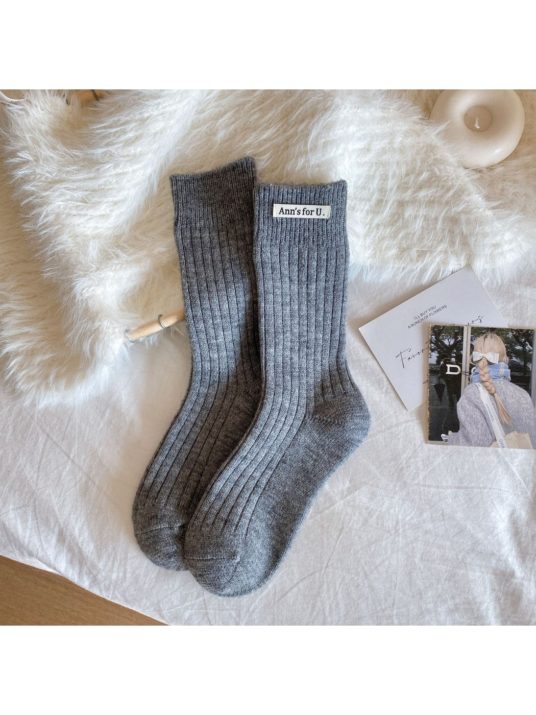 Rufia - Elegant Solid Ribbed Crew Casual Socks