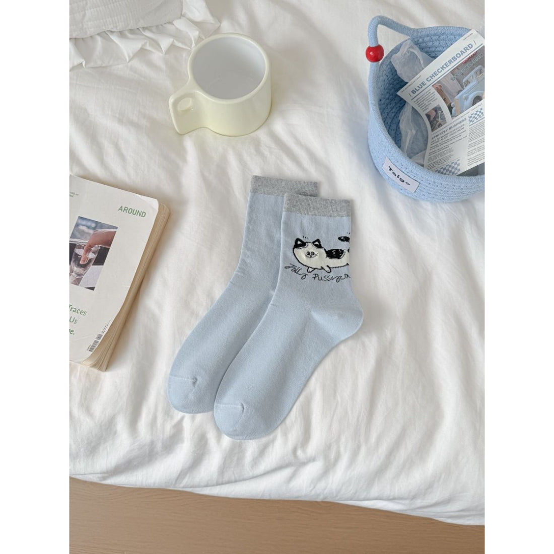 Rufia cat knit crew socks showing knit pattern and soft fabric