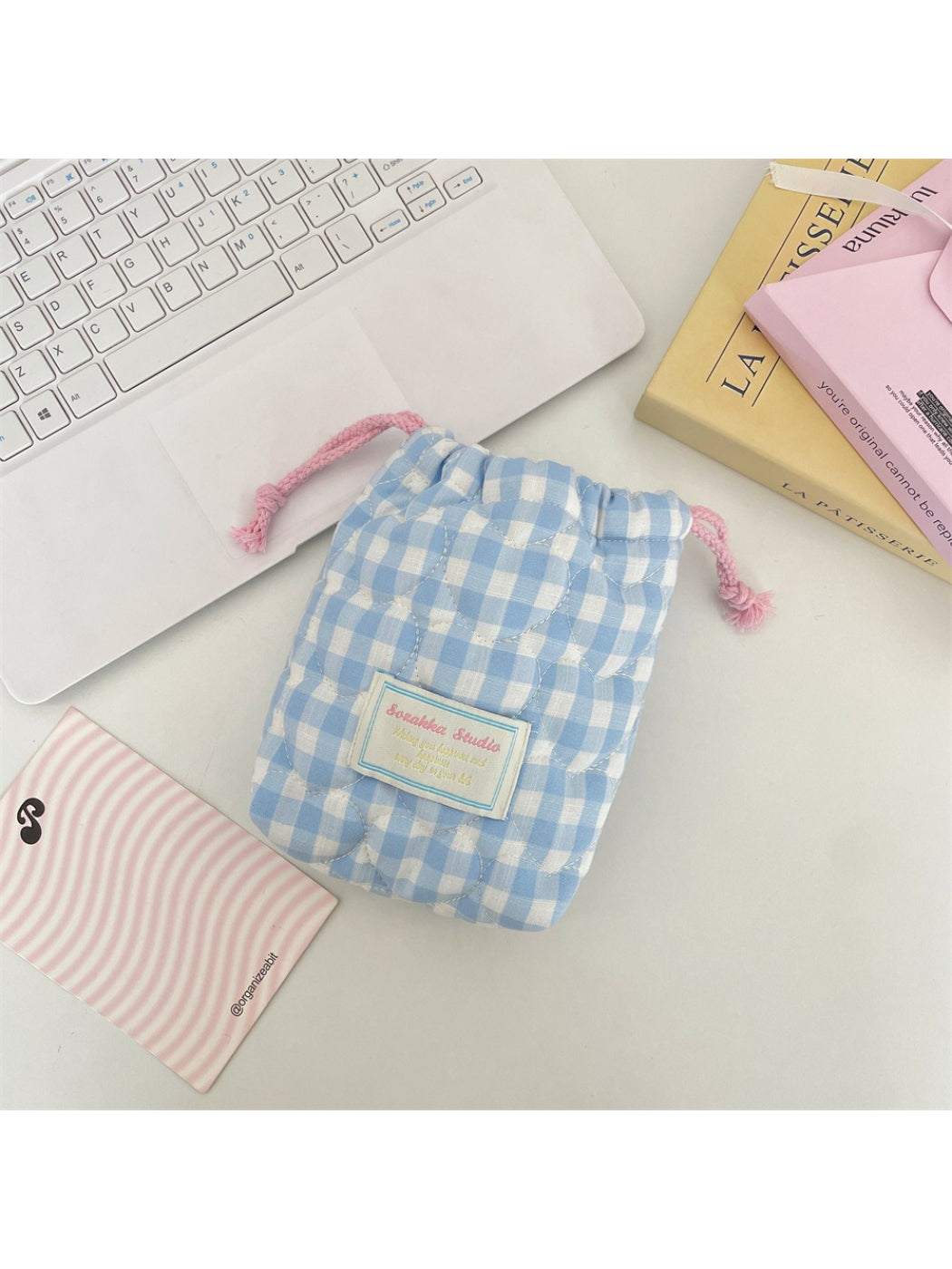 Cosbai - Gingham Padded Drawstring Pouch Bag
