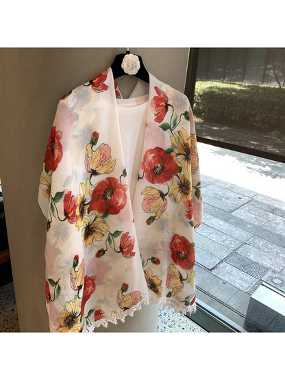 Scarvii - Floral Print Rectangular Layering Scarf