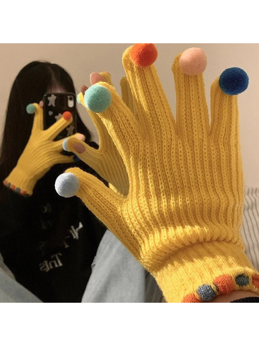Gloving - Multicolor Pom-Pom Ribbed Gloves
