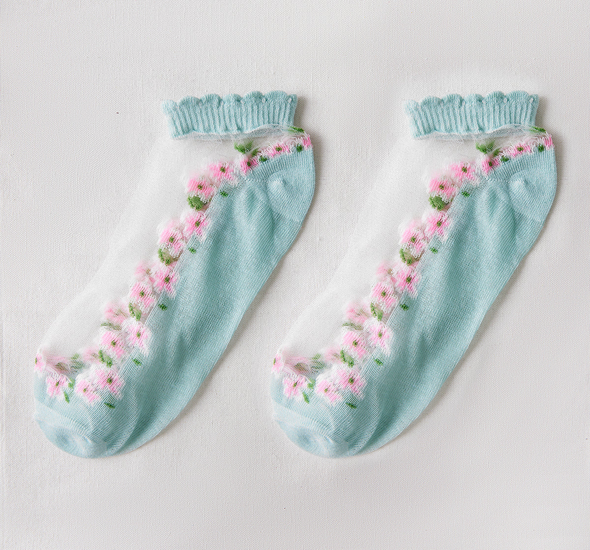 Rufia Floral Short Ankle Sheer Socks color options including WHITE, PURPLE, GREEN