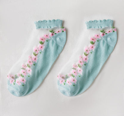 Rufia Floral Short Ankle Sheer Socks color options including WHITE, PURPLE, GREEN