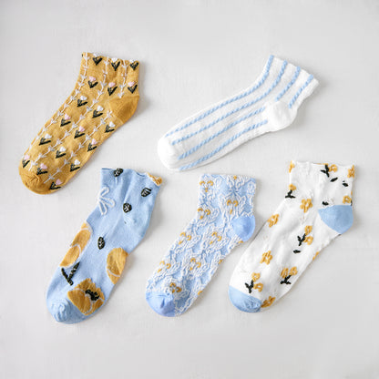 Rufia - Vintage Floral Blue and Yellow Low-Cut Socks