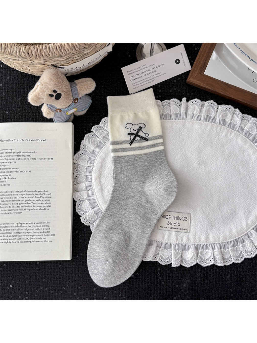 Rufia knit socks folded neatly with pattern and colors visible