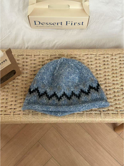 Haila - Geometric Knit Bucket Hat with Rolled Brim