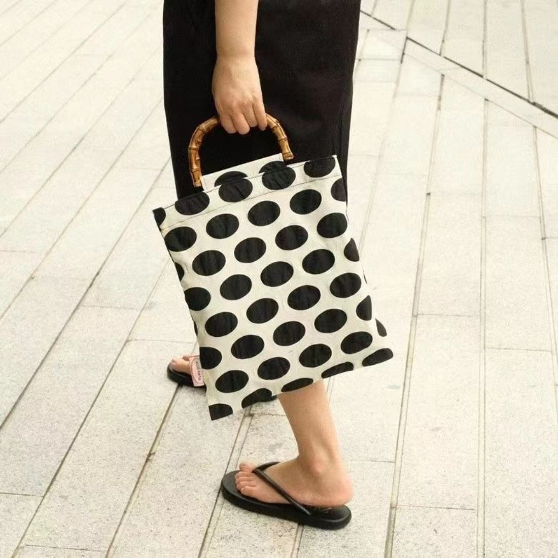 Cosbai Retro Polka Dot Shopper Bag front view with black and white polka dot pattern
