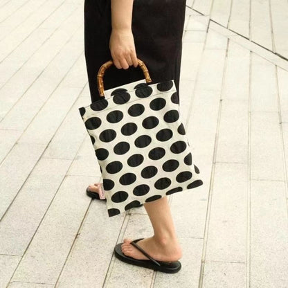 Cosbai Retro Polka Dot Shopper Bag front view with black and white polka dot pattern
