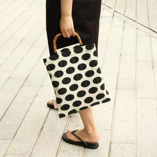 Cosbai Retro Polka Dot Shopper Bag front view with black and white polka dot pattern