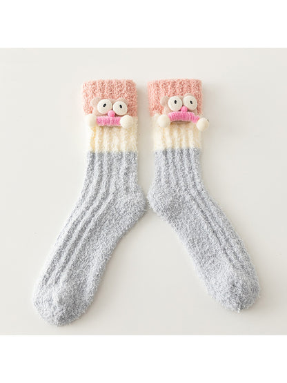 Rufia - Winter Coral Fleece Mid-Calf Socks with 3D Cartoon Accent