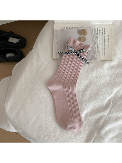 Rufia - Cross Pattern Bow Accent Ribbed Crew Socks
