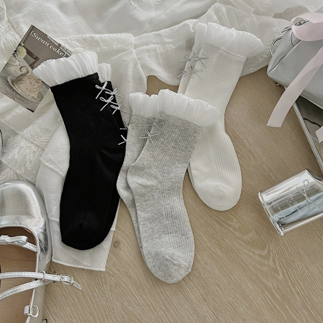 Rufia - Sheer Mesh Panel Socks with Bow Detail