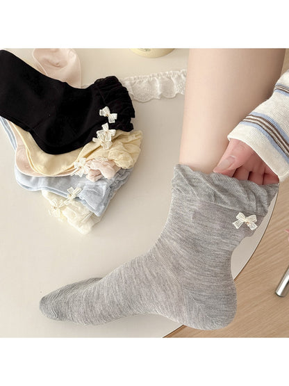 Rufia - Solid Color Bow Detail Fashion Crew Socks