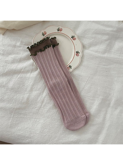Rufia - Contrast Ruffle Trim Ribbed Crew Socks