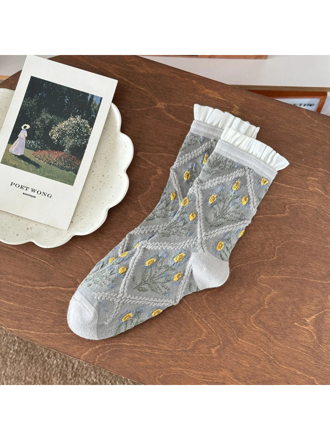 Rufia -  Floral Trellis Ruffle Crew Socks
