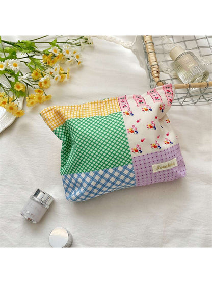 Cosbai patchwork check cosmetic pouch with zipper closure on white background