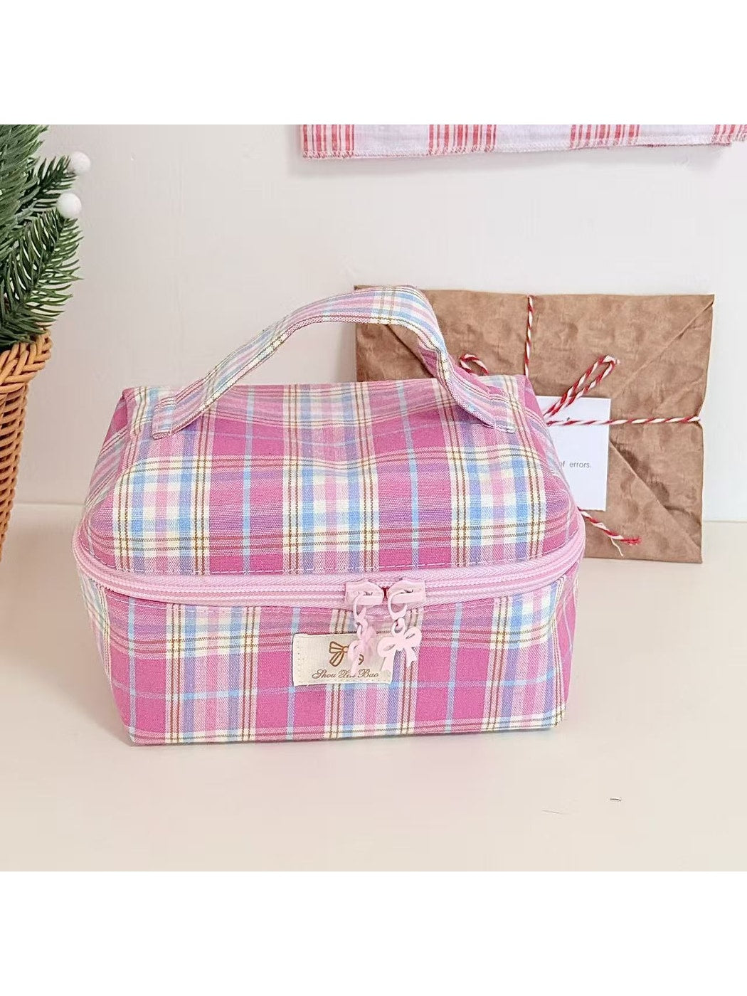 Cosbai - Handheld Plaid Toiletry Organizer Pouch Bag