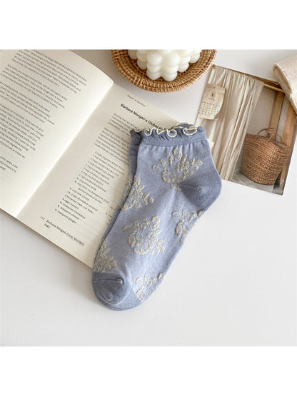 Rufia - Muted Floral Ruffle Trim Ankle Socks