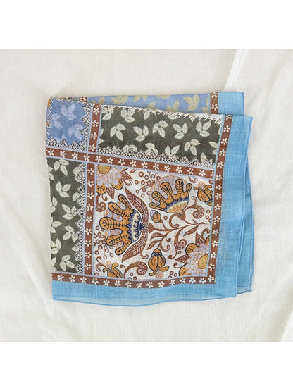 Scarvii square scarf laid flat displaying full patchwork floral border pattern
