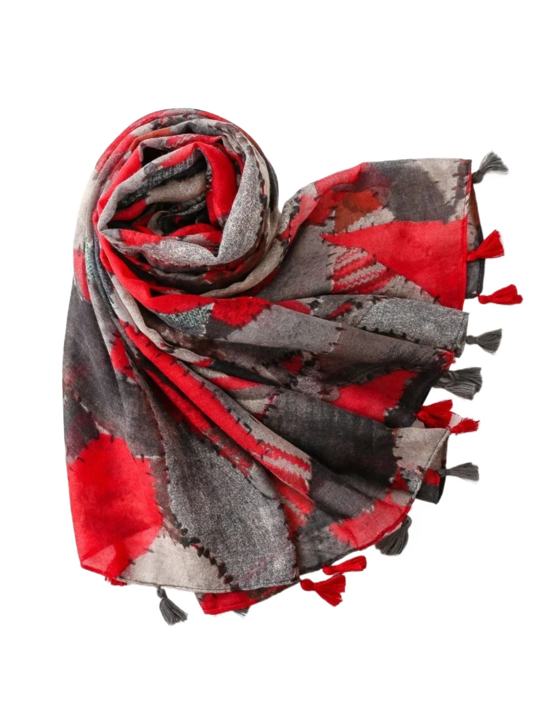 Scarvii - Red Gray Geometric Mosaic Tassel Scarf