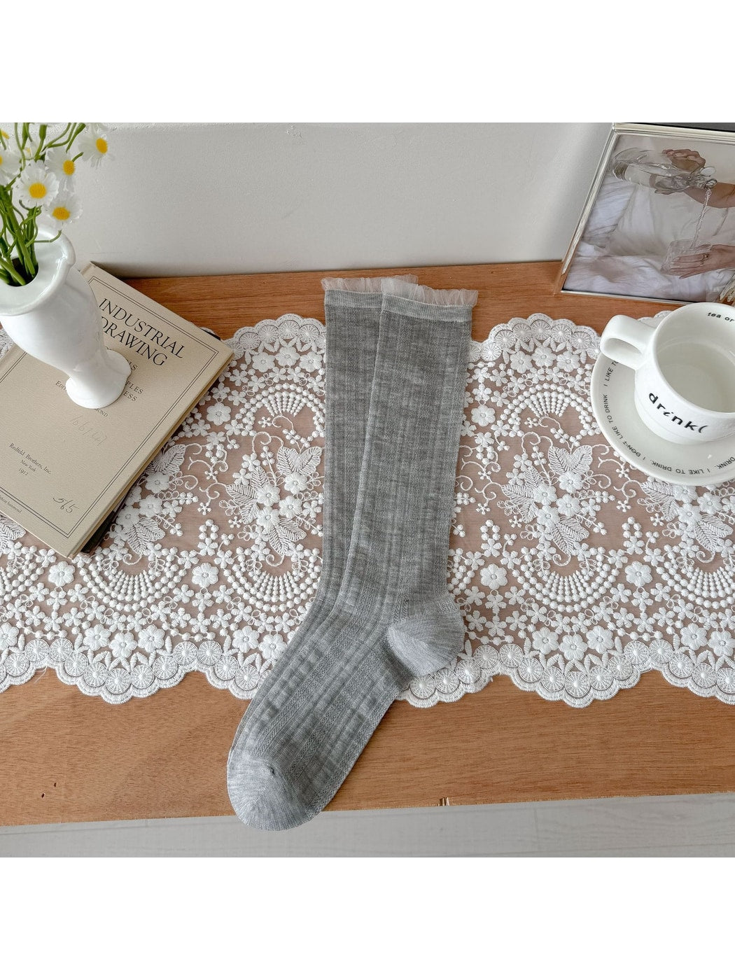 Rufia - Sheer Ribbed Crew Socks with Ruffled Cuff