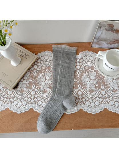 Rufia - Sheer Ribbed Crew Socks with Ruffled Cuff