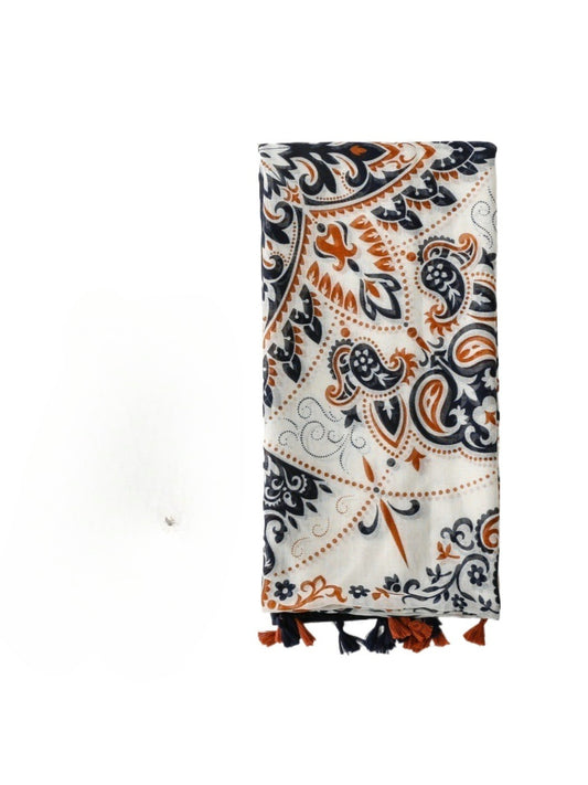 Close-up of paisley design on scarf highlighting intricate details and tassels