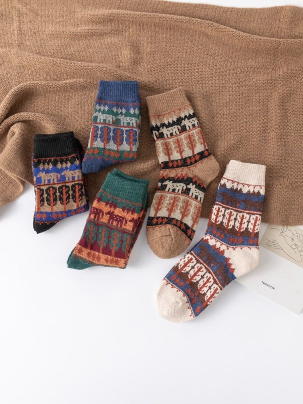 Rufia - Vintage Animal Print Mid-Calf Winter Socks - 5 Pairs/Pack