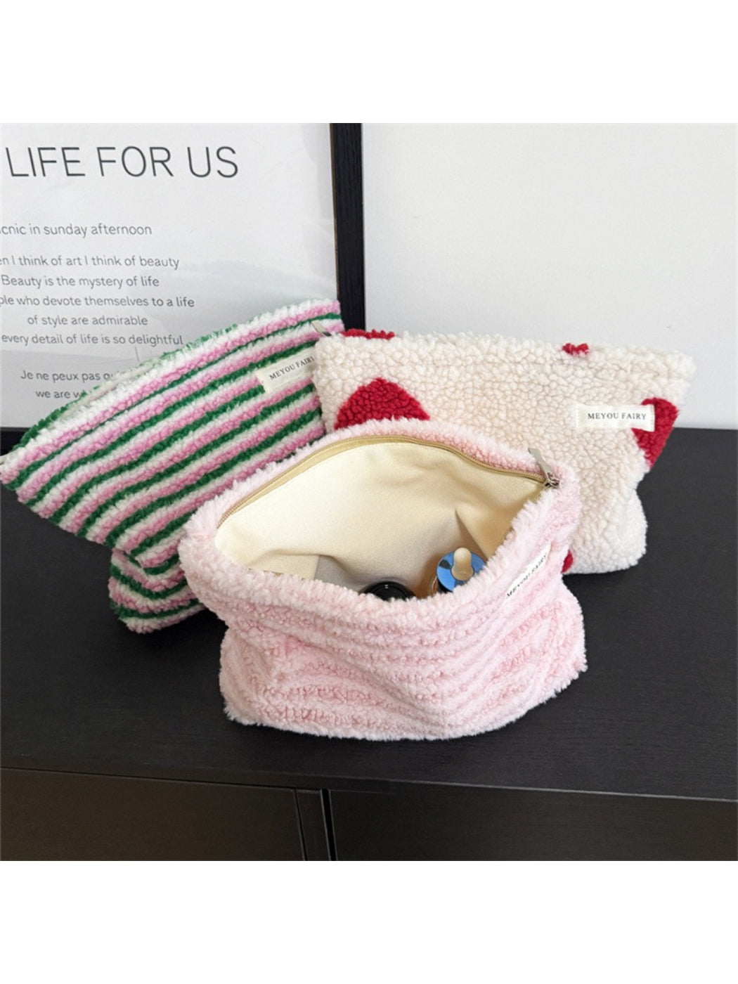 Cosbai - Plush Heart And Stripe Pouch