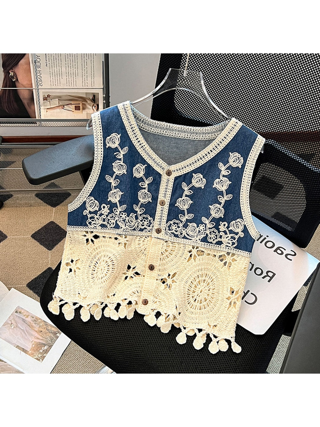 Crosa - Boho Tassel Crochet Floral Embroidered Vest