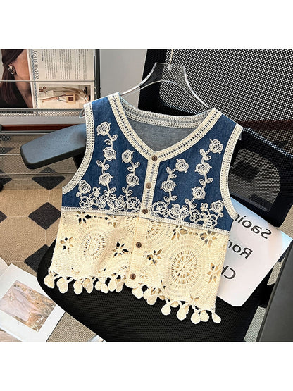 Crosa - Boho Tassel Crochet Floral Embroidered Vest