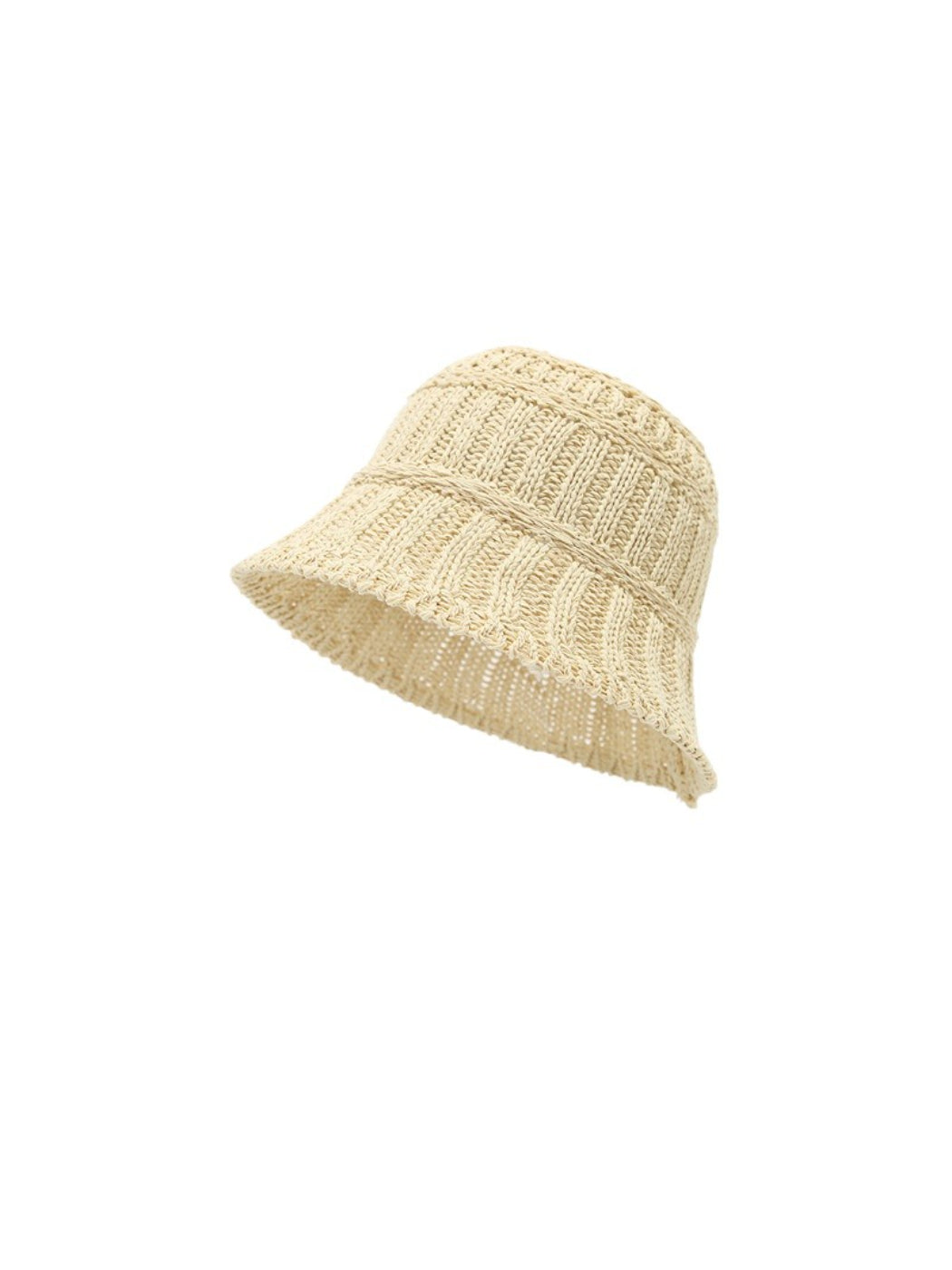 Haila textured stripe knit bucket hat worn on mannequin head showing fit and shape