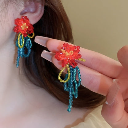 Earwish - Vintage Beaded Flower Fringe Earrings in Red & Blue