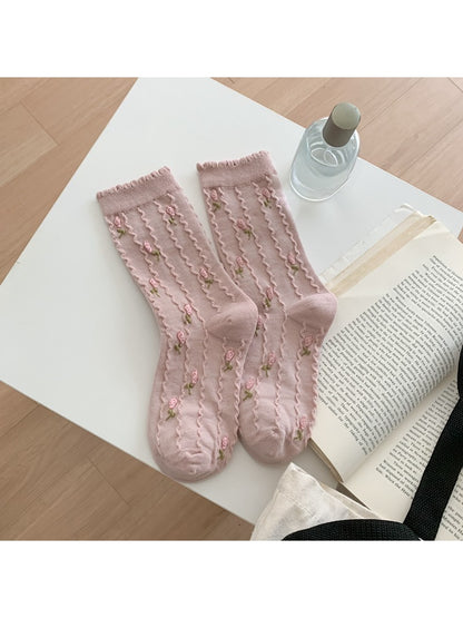 Rufia - Floral Rose Motif Casual Crew Socks
