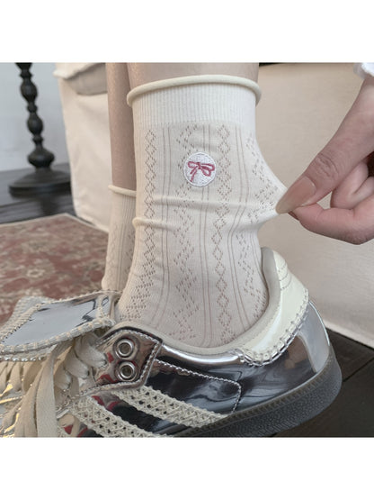 Rufia - Bow Embroidery Textured Pattern Crew Socks