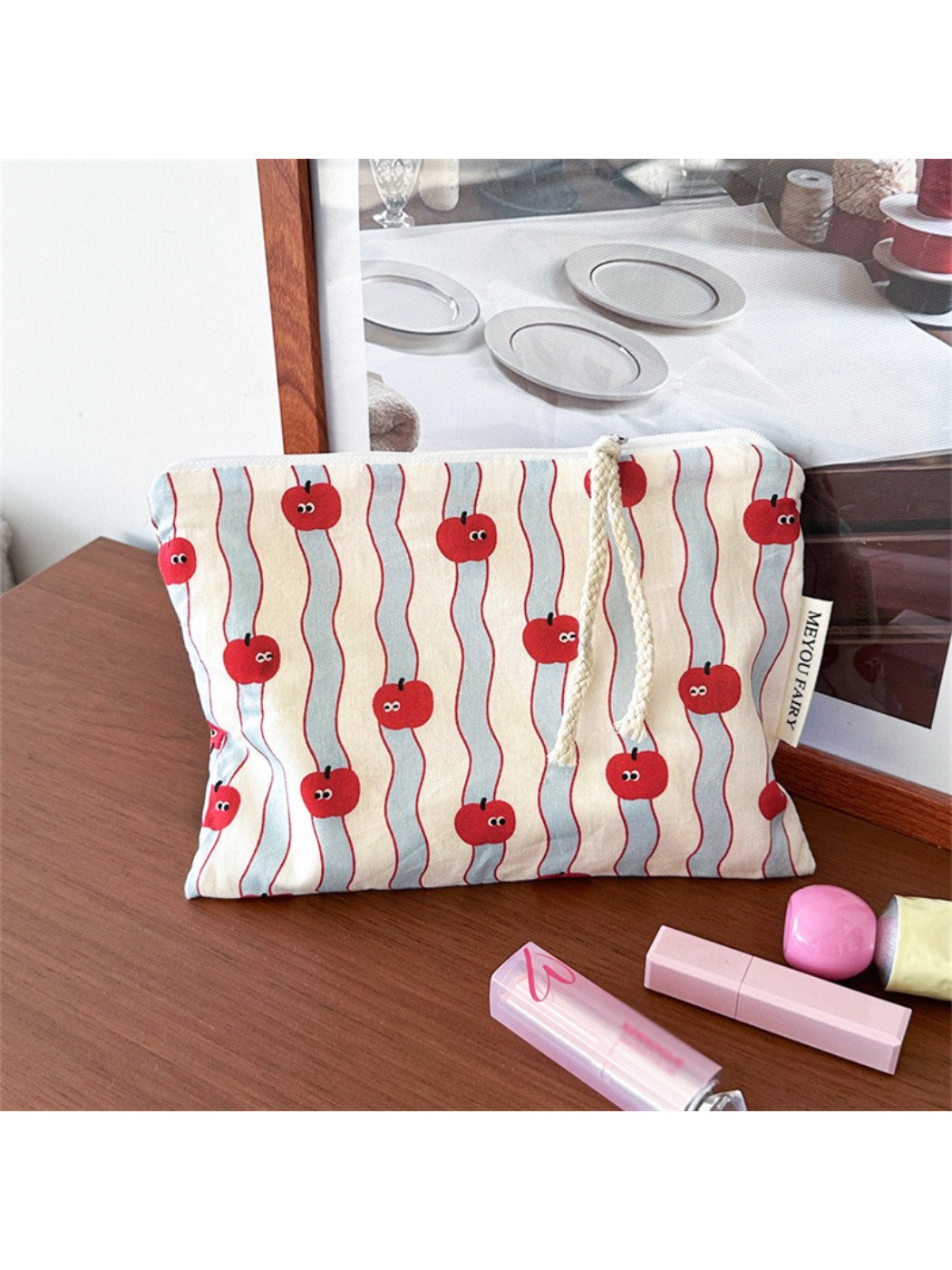 Cosbai floral cartoon cosmetic bag displayed standing upright with visible floral and cartoon print