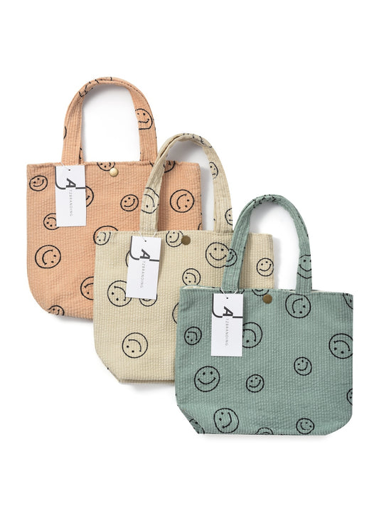 Corduroy Tote Bag with Smiley Face Design