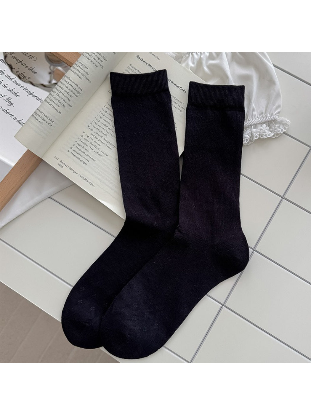Rufia soft pointelle socks in beige paired with casual shoes