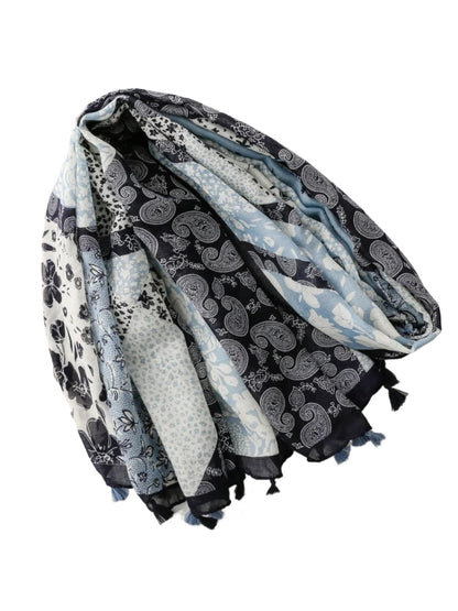 Scarvii - Blue Patchwork Paisley Tassel Wrap Scarf