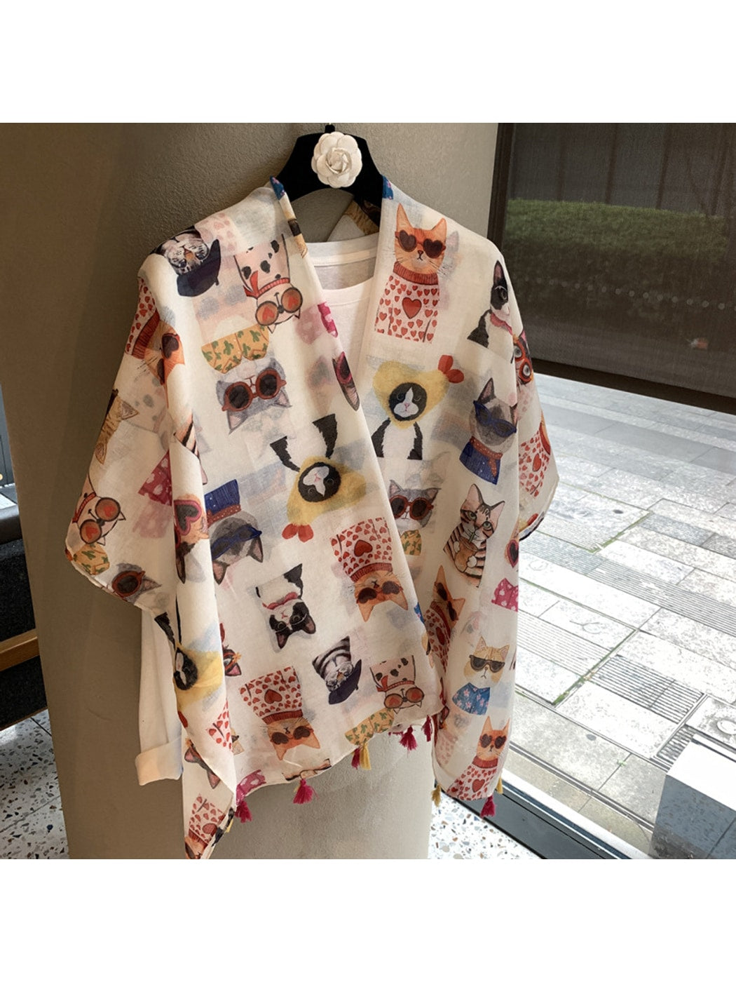 Scarvii - Playful Cat Print Tassel Shawl