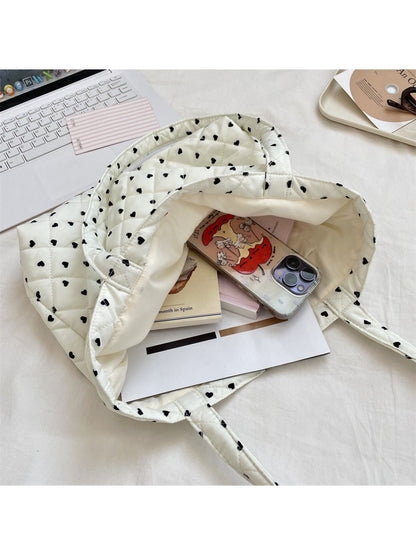Cosbai - Tote Bag with Heart & Plaid Pattern