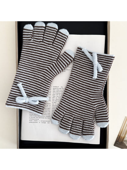 Gloving - Striped Bow Detail Ribbed Knit Gloves